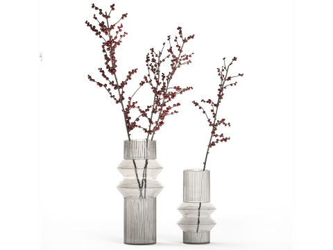 Realistic bouquets 5 hydrangea holly poppy branch glass vase 3D Модель