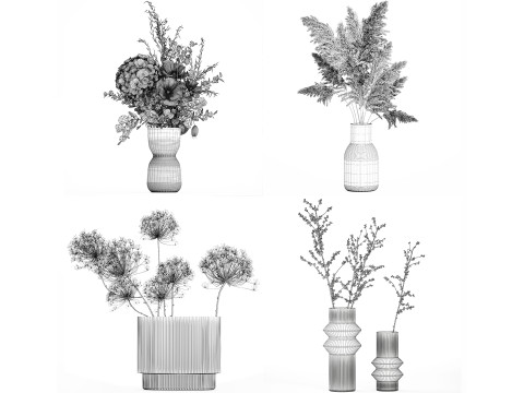 Realistic bouquets 5 hydrangea holly poppy branch glass vase 3D Модель