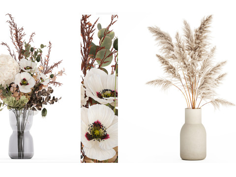 Realistic bouquets 5 hydrangea holly poppy branch glass vase 3D Модель