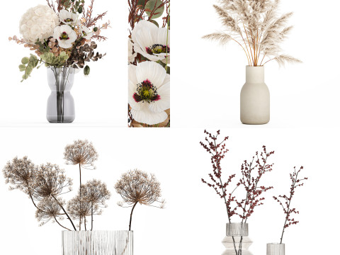 Realistic bouquets 5 hydrangea holly poppy branch glass vase 3D Модель