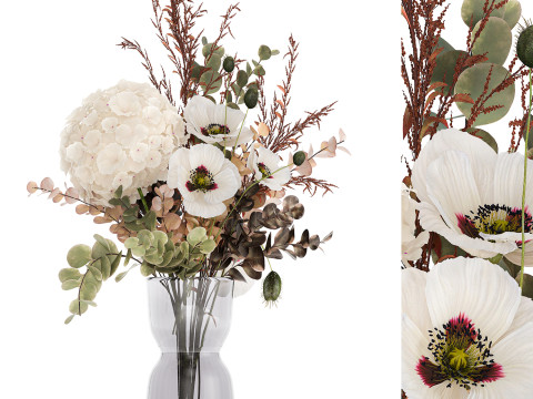 Realistic bouquets 5 hydrangea holly poppy branch glass vase 3D Модель