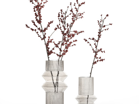 Realistic bouquets 5 hydrangea holly poppy branch glass vase 3D Модель