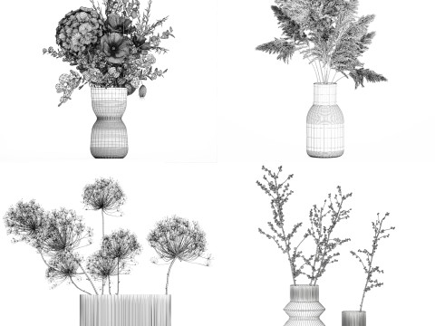 Realistic bouquets 5 hydrangea holly poppy branch glass vase 3D Модель