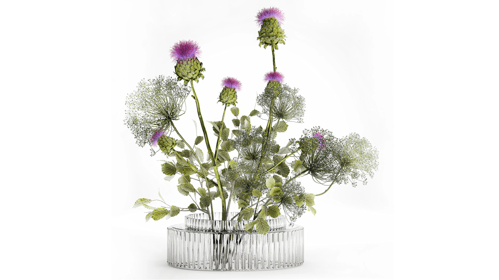 Realistic Bouquet Green Flowers Hogweed Leaves glass vase 3D Model .c4d .max .obj .3ds .fbx .stl .blend 