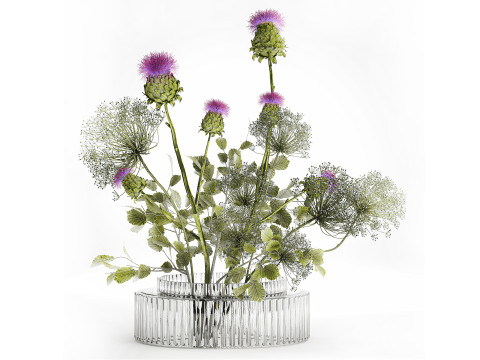Realistic Bouquet Green Flowers Hogweed Leaves glass vase Modèle 3D