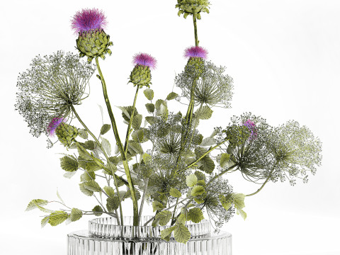 Realistic Bouquet Green Flowers Hogweed Leaves glass vase Modelo 3D