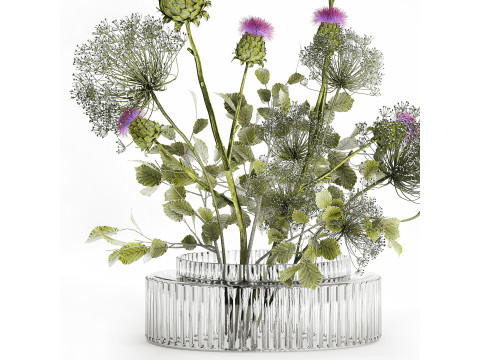 Realistic Bouquet Green Flowers Hogweed Leaves glass vase Modelo 3D