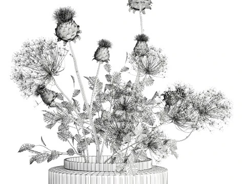 Realistic Bouquet Green Flowers Hogweed Leaves glass vase 3D Model