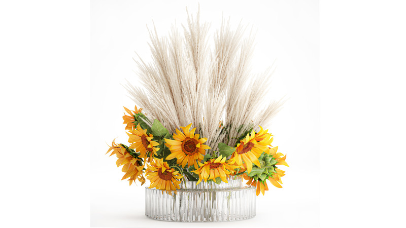 Beautiful bouquet yellow flowers sunflowers reed glass vase Model 3D .c4d .max .obj .3ds .fbx .stl .blend