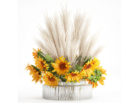 Beautiful bouquet yellow flowers sunflowers reed glass vase 3D मॉडल