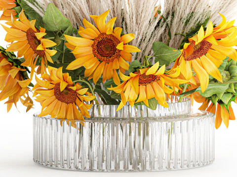 Beautiful bouquet yellow flowers sunflowers reed glass vase 3D Model
