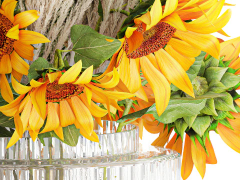 Beautiful bouquet yellow flowers sunflowers reed glass vase 3D Model