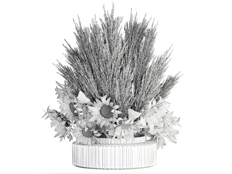 Beautiful bouquet yellow flowers sunflowers reed glass vase 3D Model