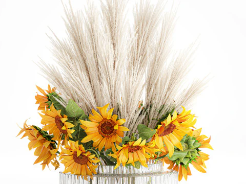 Beautiful bouquet yellow flowers sunflowers reed glass vase 3D Model