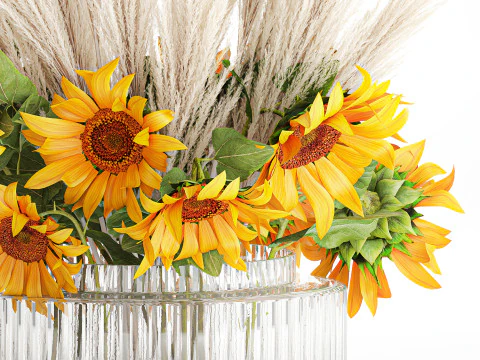 Beautiful bouquet yellow flowers sunflowers reed glass vase 3D Model