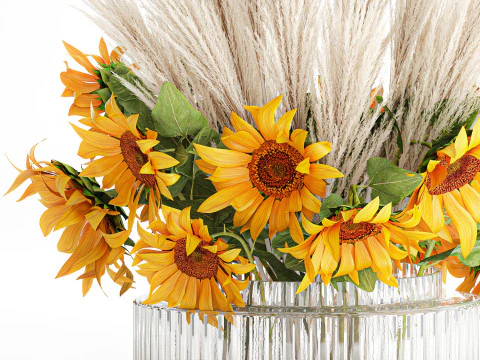 Beautiful bouquet yellow flowers sunflowers reed glass vase 3D Model