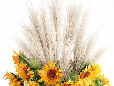 Beautiful bouquet yellow flowers sunflowers reed glass vase Modello 3D