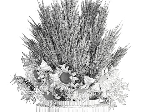 Beautiful bouquet yellow flowers sunflowers reed glass vase Modello 3D