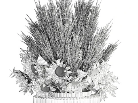 Beautiful bouquet yellow flowers sunflowers reed glass vase 3D Model