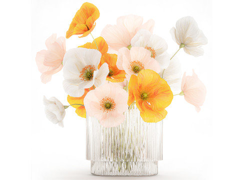 Beautiful Realistic Bouquet Wild Flowers Poppy glass vase decor 3D Modell