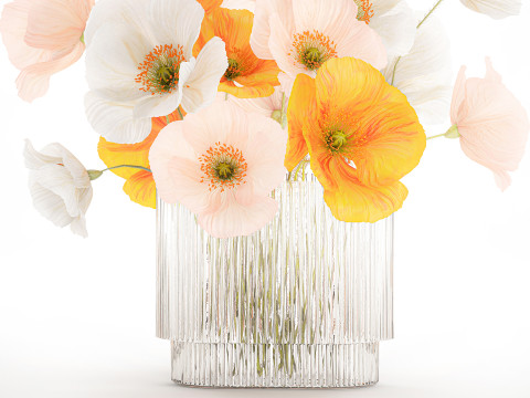 Beautiful Realistic Bouquet Wild Flowers Poppy glass vase decor 3D Model