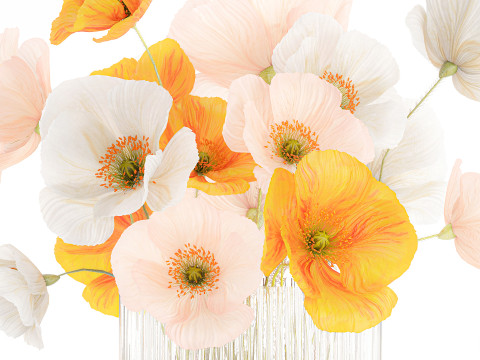 Beautiful Realistic Bouquet Wild Flowers Poppy glass vase decor 3D Model
