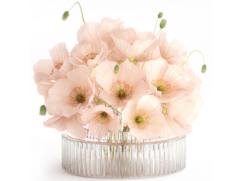 Beautiful realistic bouquet wild flower pink poppy glass vase 650 3D Model