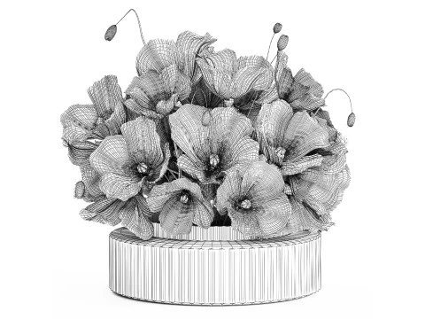 Bellissimo bouquet realistico di fiori selvatici in vaso di vetro rosa papavero 650 Modello 3D