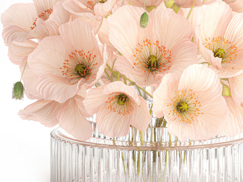 Beautiful realistic bouquet wild flower pink poppy glass vase 650 Model 3D