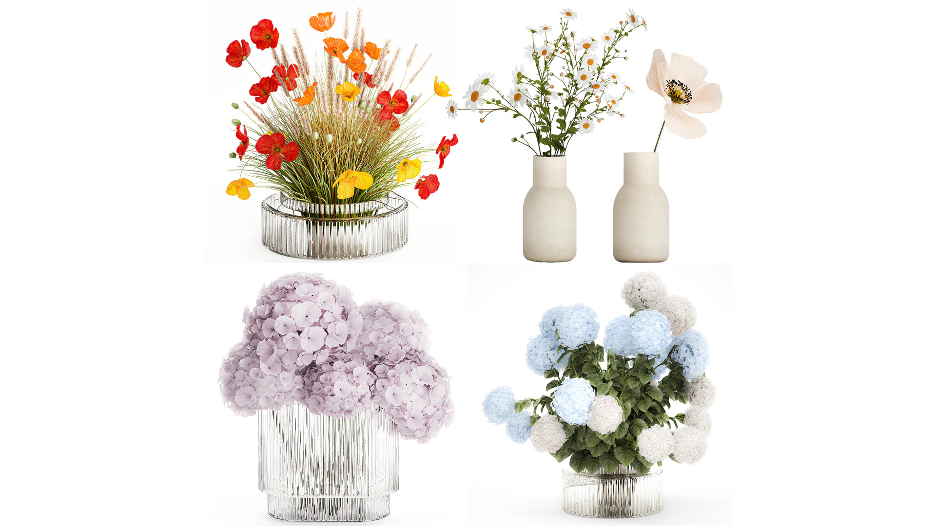 Set bouquets hydrangea poppy hydrangea chamomile glass vase 3D Model .c4d .max .obj .3ds .fbx .stl .blend 
