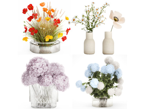 Set bouquets hydrangea poppy hydrangea chamomile glass vase 3D 모델