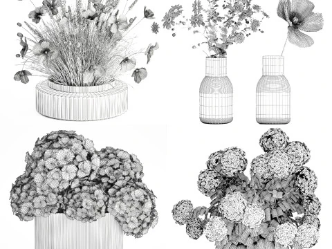 Set bouquets hydrangea poppy hydrangea chamomile glass vase 3D Model