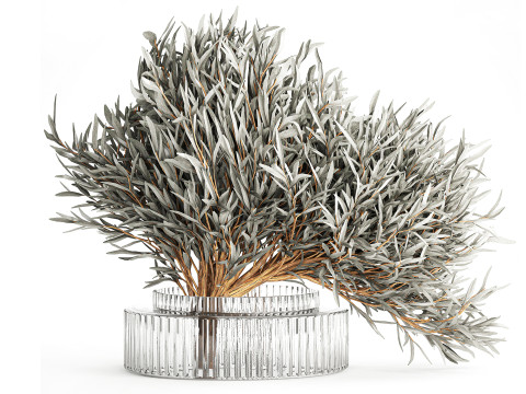 Realistic Flower Bouquet Decorated Olive Branches glass vase 3D Model
