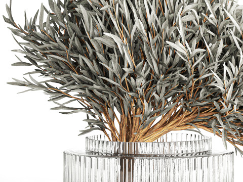 Realistic Flower Bouquet Decorated Olive Branches glass vase Model 3D