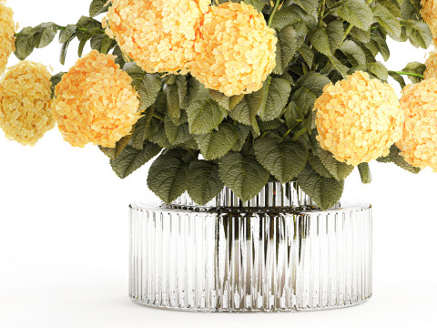Realistischer Blumenstrauß moderne Glasvase gelbe Hortensie 656 3D Modell