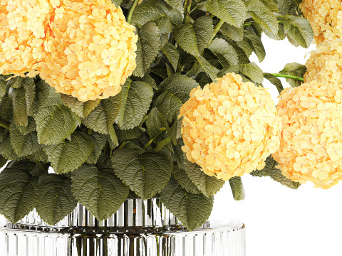 Realistischer Blumenstrauß moderne Glasvase gelbe Hortensie 656 3D Modell