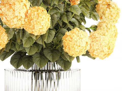 Realistischer Blumenstrauß moderne Glasvase gelbe Hortensie 656 3D Modell