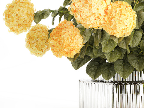 Realistischer Blumenstrauß moderne Glasvase gelbe Hortensie 656 3D Modell