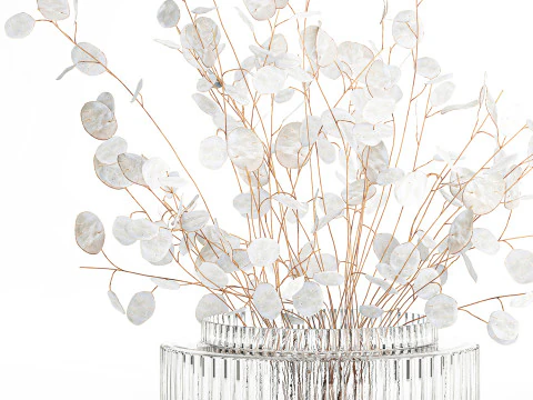 Bouquet r&eacute;aliste branches de fleur de lune blanche d&eacute;cor de vase en verre Modèle 3D