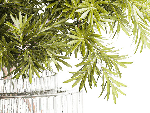 현실적인 꽃다발 장식 나뭇가지 잎 유리 꽃병 3D 모델