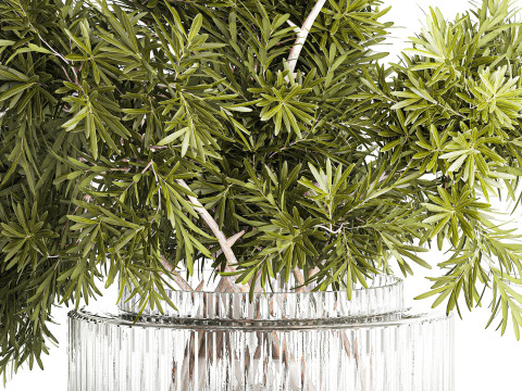 현실적인 꽃다발 장식 나뭇가지 잎 유리 꽃병 3D 모델