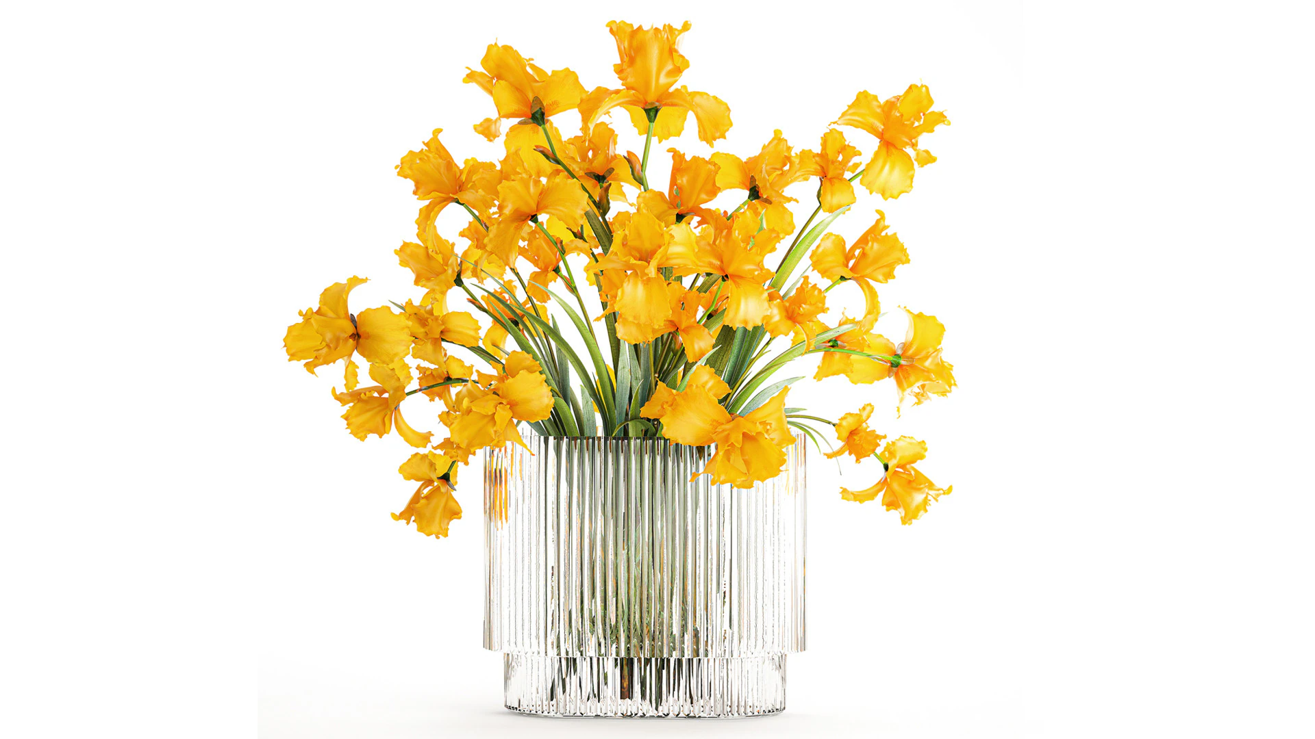 Lindo buqu&ecirc; realista de flores de &iacute;ris amarelas, vaso de vidro 658 Modelo 3D .c4d .max .obj .3ds .fbx .stl .blend 