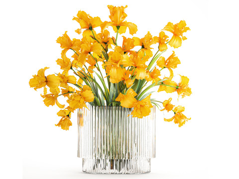 Beautiful realistic bouquet yellow Iris flowers glass vase 658 Model 3D