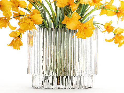 Lindo buqu&ecirc; realista de flores de &iacute;ris amarelas, vaso de vidro 658 Modelo 3D