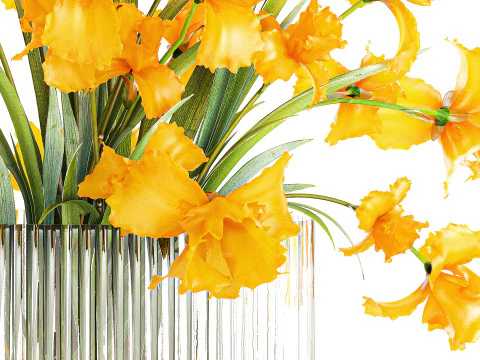 Lindo buqu&ecirc; realista de flores de &iacute;ris amarelas, vaso de vidro 658 Modelo 3D
