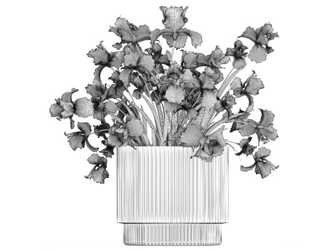 Lindo buqu&ecirc; realista de flores de &iacute;ris amarelas, vaso de vidro 658 Modelo 3D