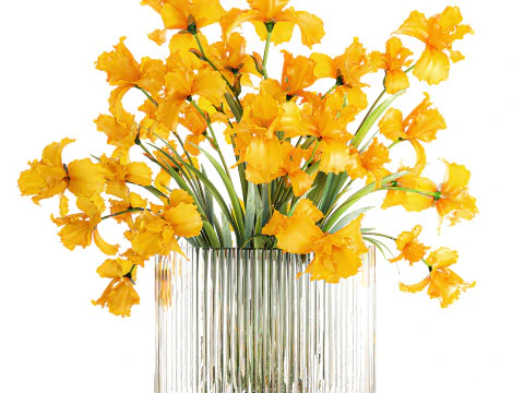 Lindo buqu&ecirc; realista de flores de &iacute;ris amarelas, vaso de vidro 658 Modelo 3D