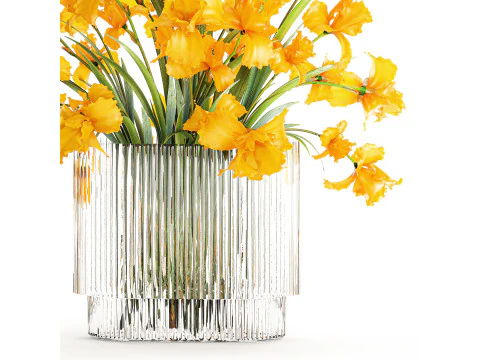 Lindo buqu&ecirc; realista de flores de &iacute;ris amarelas, vaso de vidro 658 Modelo 3D