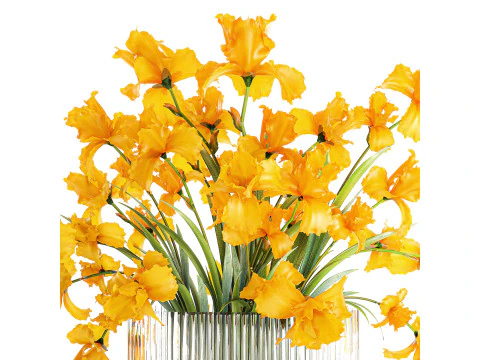 Lindo buqu&ecirc; realista de flores de &iacute;ris amarelas, vaso de vidro 658 Modelo 3D