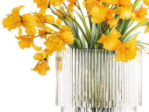 Lindo buqu&ecirc; realista de flores de &iacute;ris amarelas, vaso de vidro 658 Modelo 3D
